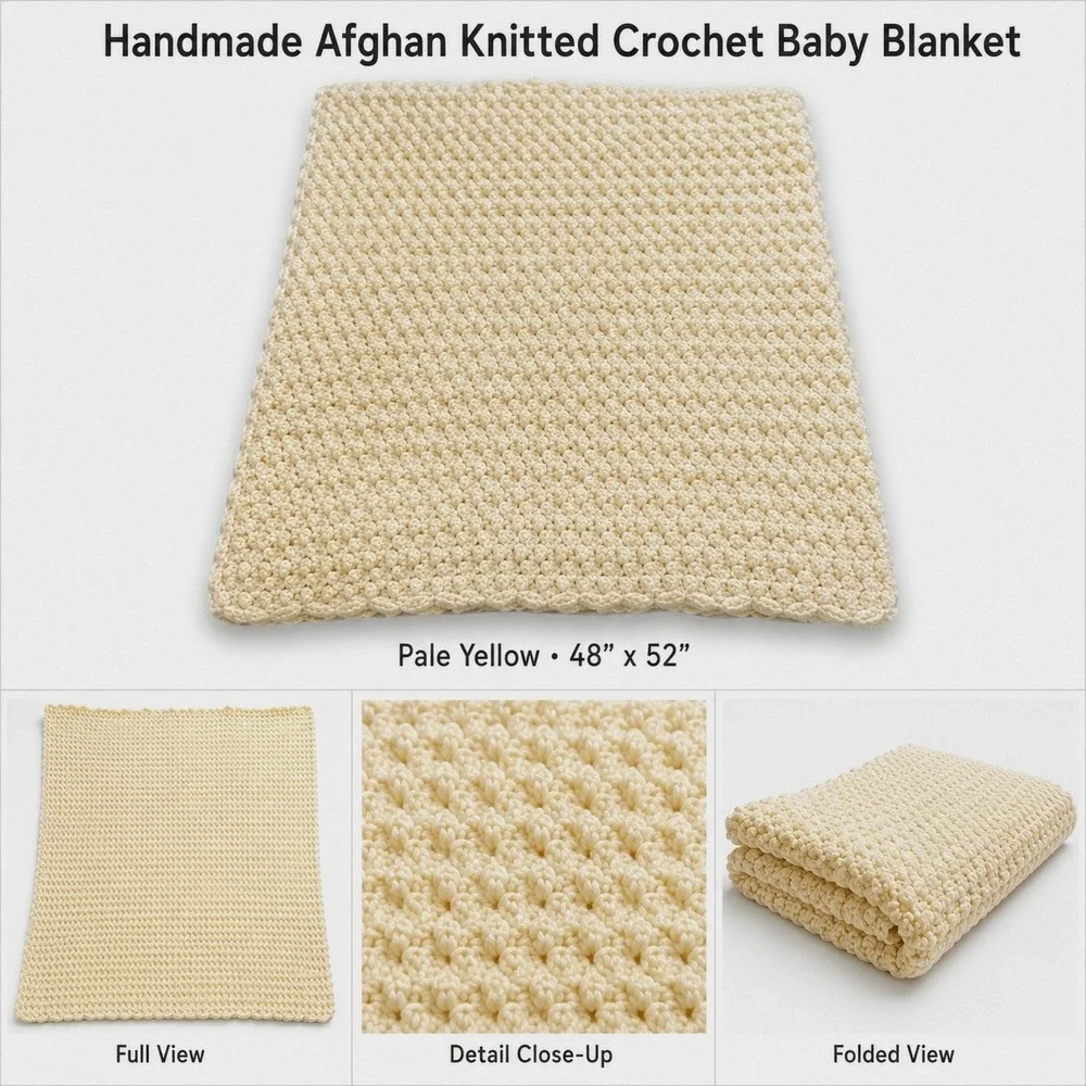 Handmade Crochet Baby Blanket‎ Cream Popcorn Bobble Stitch Scalloped Edge Ivory